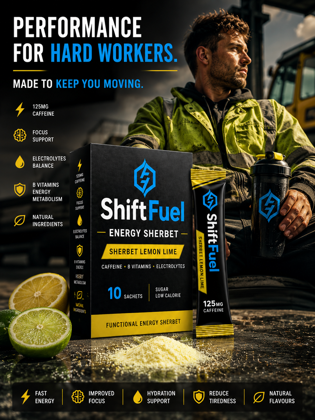 ShiftFuel Lemon Lime campaign with a construction worker and product pack