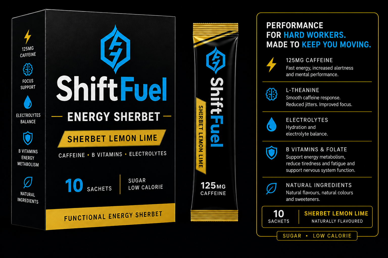 ShiftFuel Sherbet Lemon Lime box, sachet and product benefits design