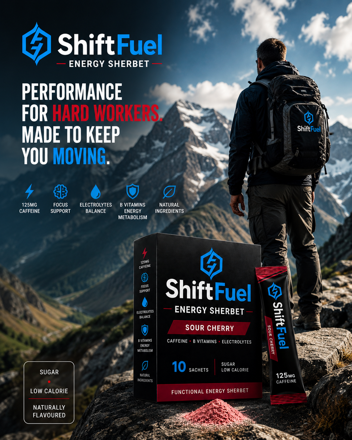 ShiftFuel Sour Cherry campaign with a hiker in the mountains and product pack