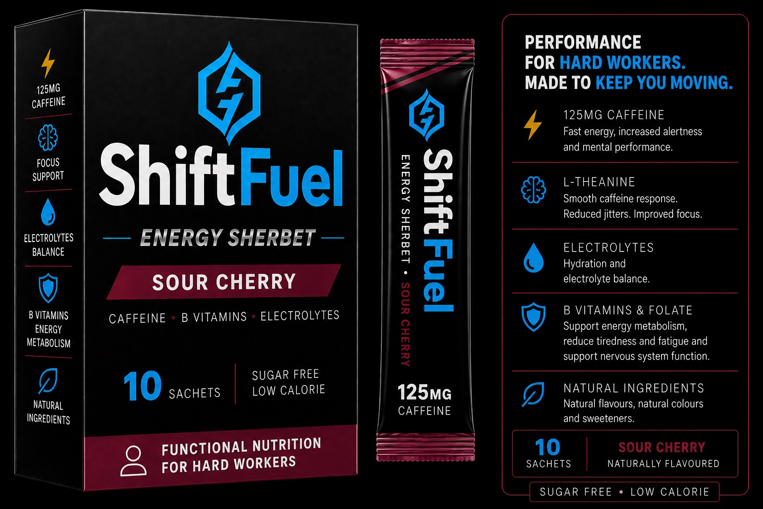 ShiftFuel Sour Cherry carton and sachet