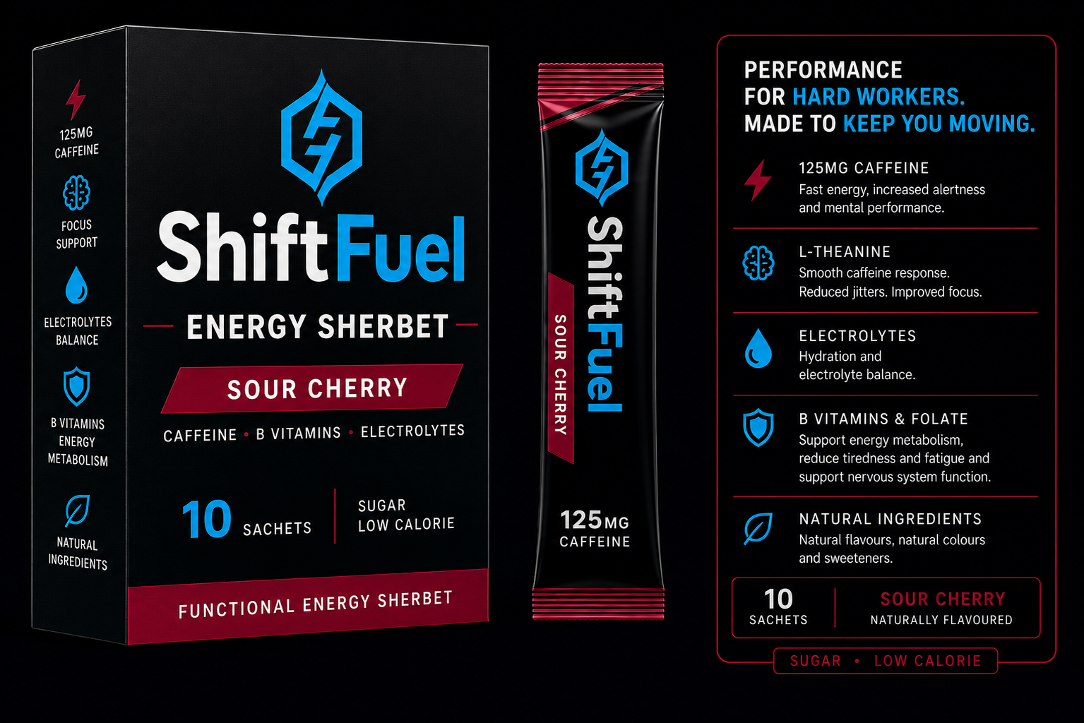 ShiftFuel Sour Cherry box, sachet and product benefits design